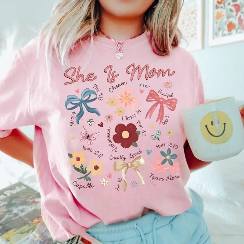 Comfort Color Boho Floral Mama She Is Mom Shirt Floral Spring Bible Verse Mama Wildflower Shirt Coquette T-Shirts
