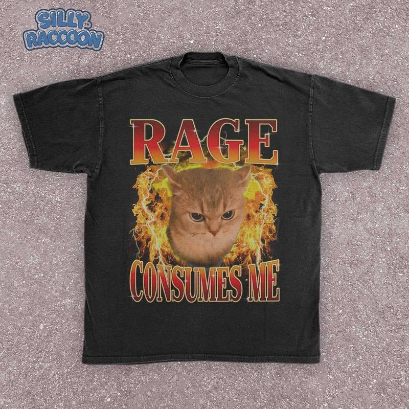 Comfort Colors Angry Cat Fire Rage Consumes Me Chaotic Ironic Cat Meme Grumpy Cat Edgy Cat Lover Gif T-Shirts