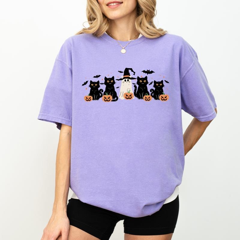 Comfort Colors Black Cats Retro Shirt Halloween Cat Ghost Vintage Printed Spooky Season Unhinged Shirt Cat Mama Halloween Halloween Cat Shirt Cat Lover Top Womenswear Cotton Fabric Relaxed Fit Chic T-Shirts