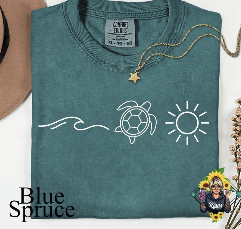 Comfort Colors Blue Spruce Ocean Themed Summer Turtle Sun & Wave Soft Preshrunk Cotton T-Shirts