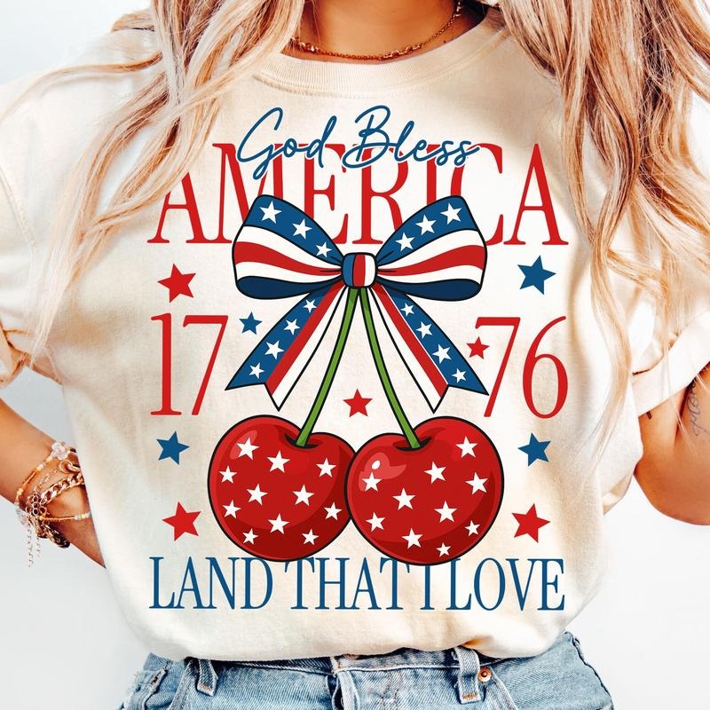 Comfort Colors Coquette America Cherries July 4th Girly 4th July Shirt Cherry Bow Preppy America T-Shirts