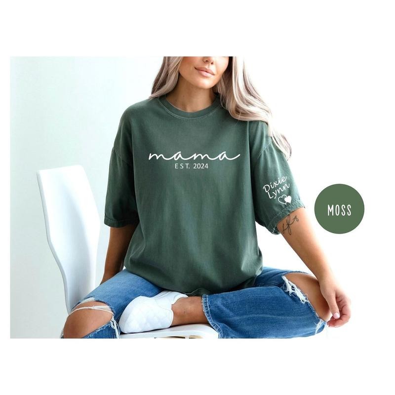 Comfort Colors Custom Mama Shirt Kid Name Sleeve Personalized Mom Shirt New Mom Mom Pregnancy Announcement T-Shirts