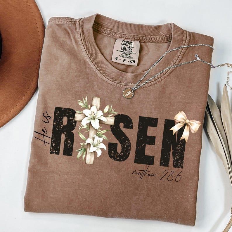 Comfort Colors He Is Risen Shirt Retro Easter Easter Christian Shirt Easter Bible Verse He Is Risen Bow T-Shirts