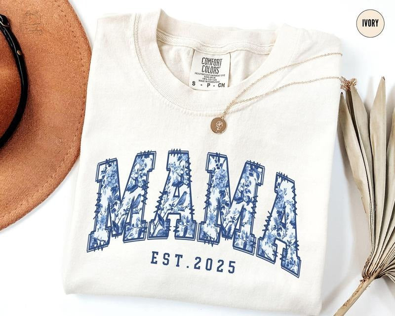 Comfort Colors Mama Est. Toile De Jouy Custom Mama Personalized Guft New Mom Baby Announcement Floral Mama T-Shirts