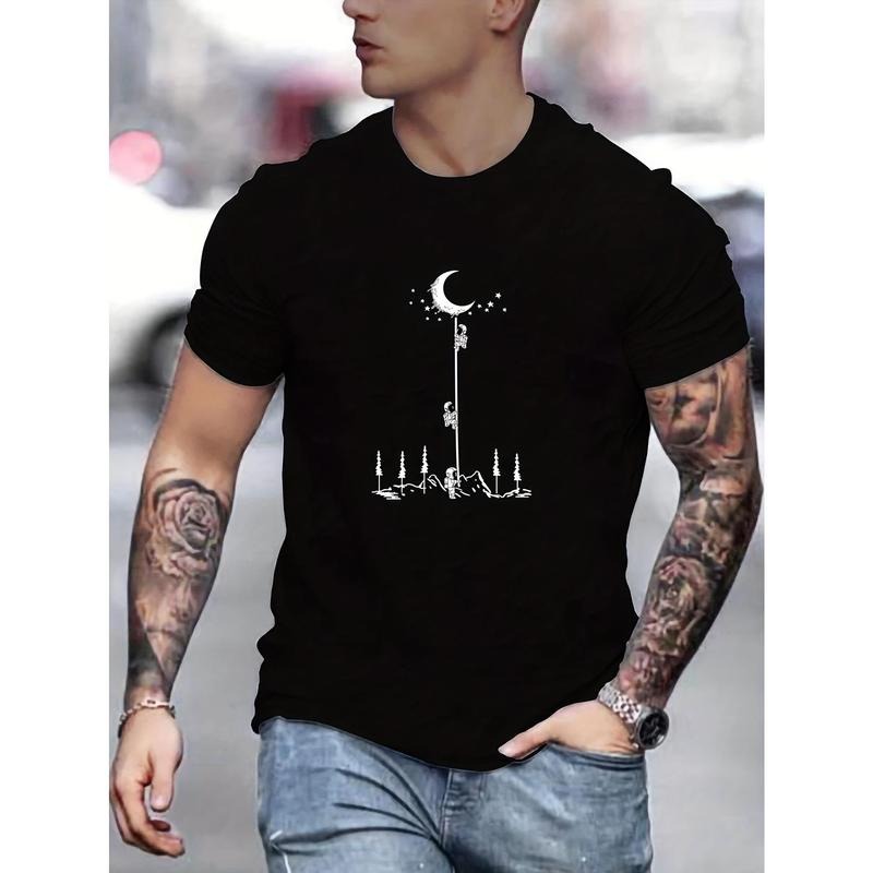 Comfy Astronaut & Moon Print Short Sleeve Elastic Crew Neck Top Outdoor Activities Made USA T-Shirts