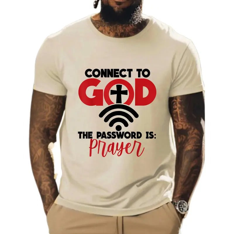 Connect God Password Is Prayer Pure Cotton Casual Street Crew Neck Short Sleeve Tops Perfect T-Shirts
