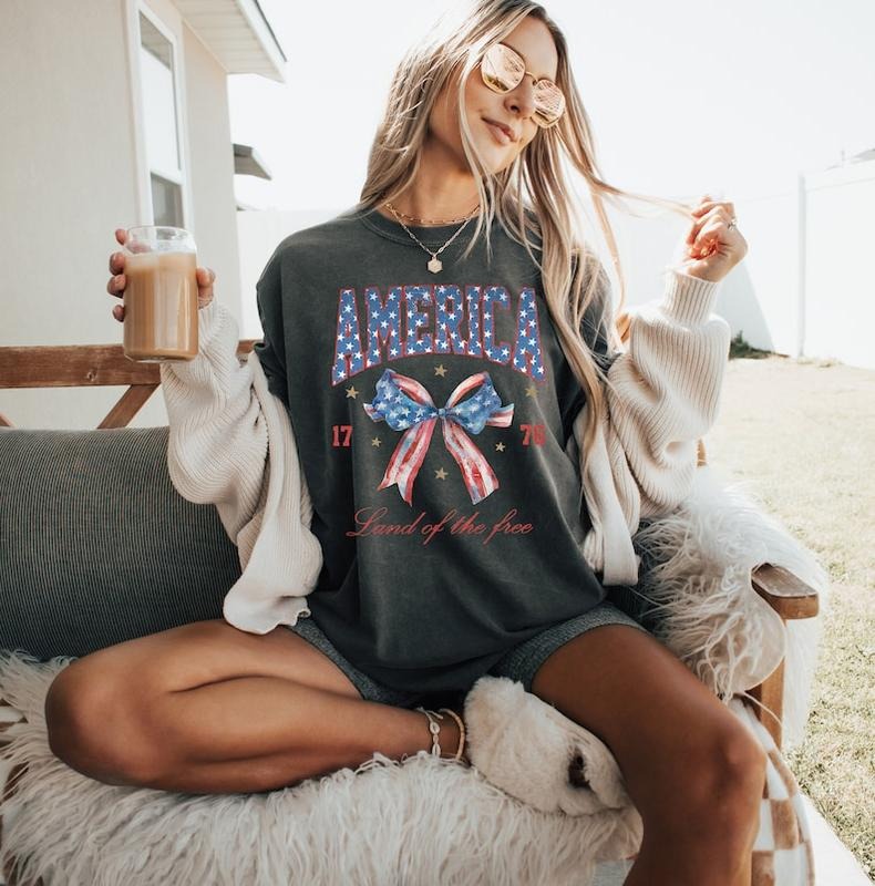 Coquette 4th July Shirt USA Shirt Summer Shirt Red White Blue America Fourth July Patriotic 1776 Bow T-Shirts