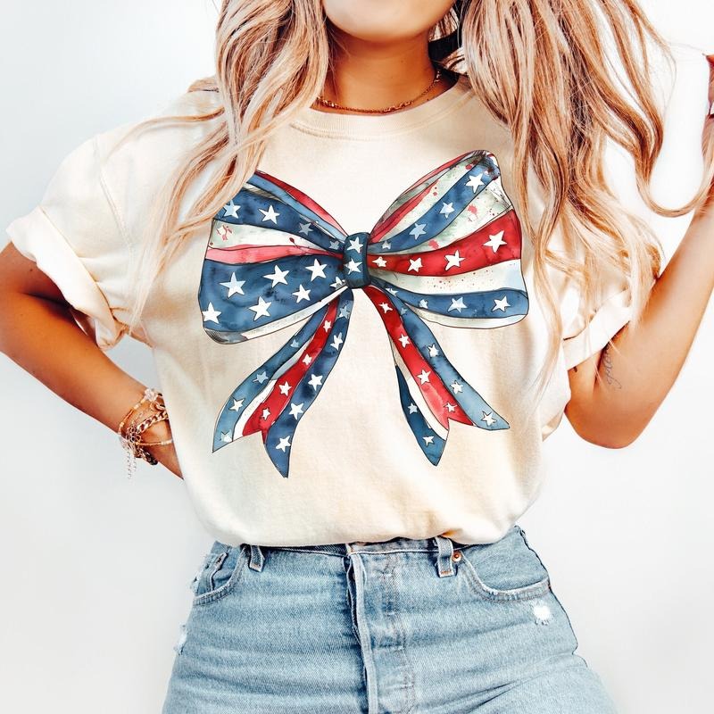Coquette American Girl Coquette Bow 4th July America Freedom American Flag 4th Og July Shirt Short Sleeve Shirt T-Shirts