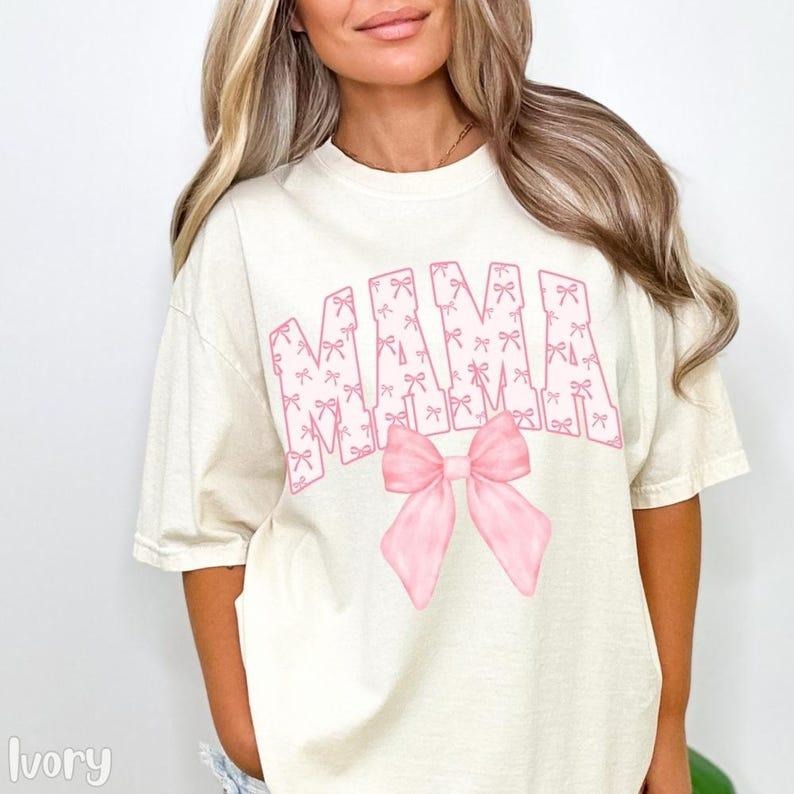 Coquette Bow Mama Comfort Colors Shirt Pink Bow Mom Girly Mama Baby Shower Expecting Mom Mama Bows T-Shirts
