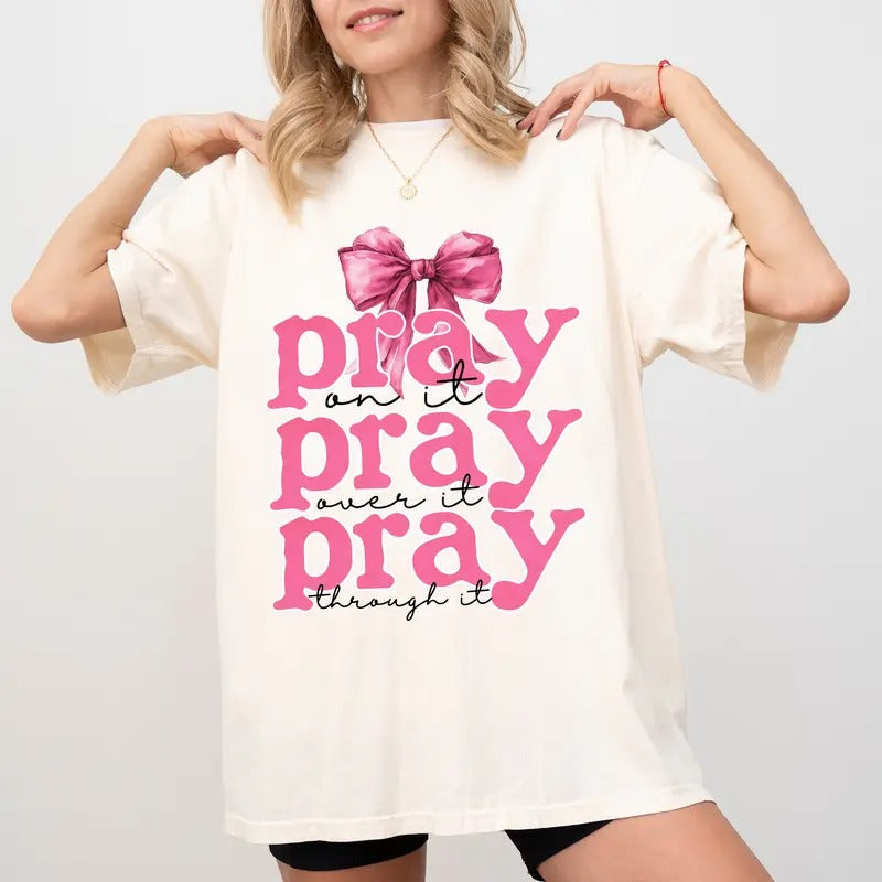 Coquette Bow Pink Comfort Colors Shirt Pray Bible Verse Religious Christian T-Shirts