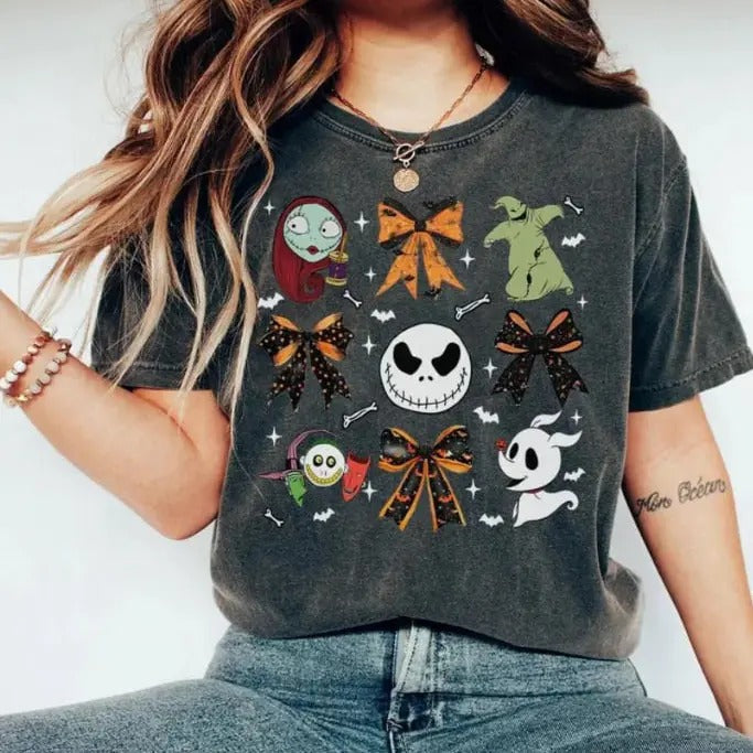 Coquette Bows Nightmare Before Halloween Shirt Jack & Sally Oogie Boogie Lock Shock Barrel Spookey Season Halloween T-Shirts