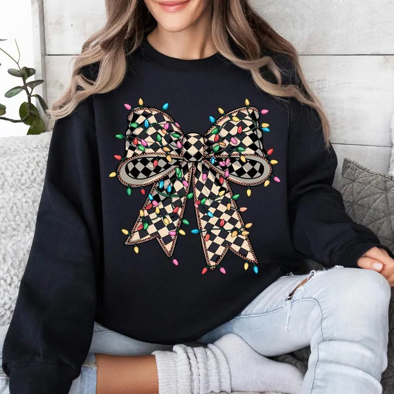 Coquette Sublimation Lights Bow Merry Digital Print Checkered Coquette T-Shirts