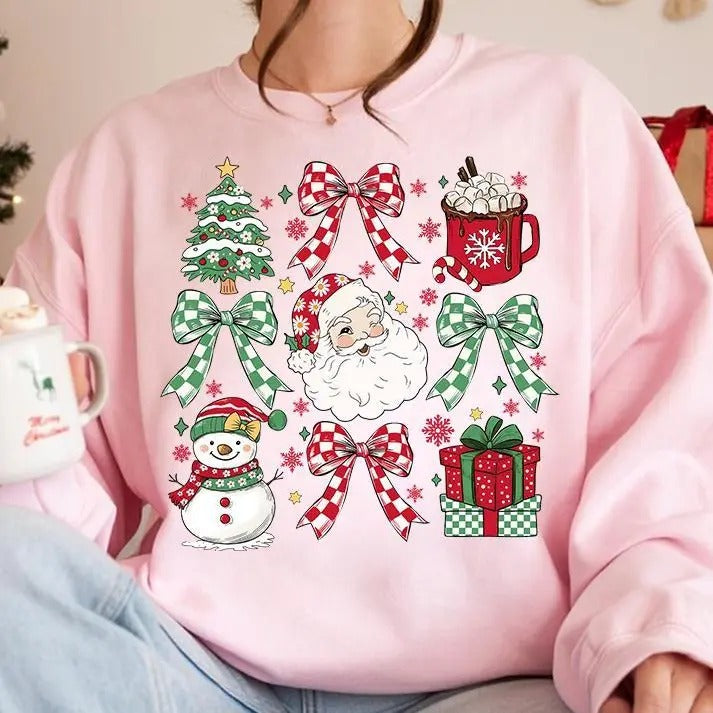 Coquette 2024 Retro Holidays Hot Cocoa Candy Cane Santa Coquette Bow Checkered Girly T-Shirts