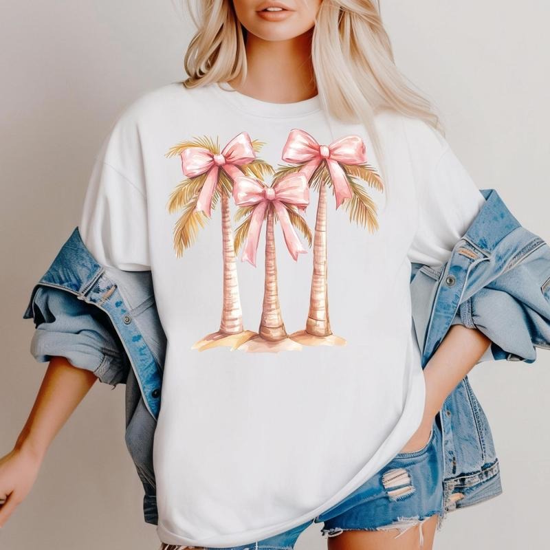 Coquette Coconut Palm Trees Shirt Bow Beach Summer Coastal Girly Ocean Top Summer Girly Coquette Bow Her T-Shirts