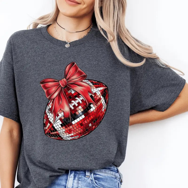 Coquette Red Bow Football Shirt Cute Football Season Casual Softstyle T-Shirts