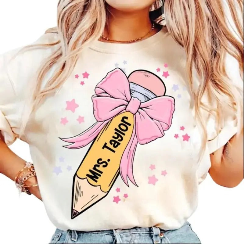 Coquette Teacher Teacher Pencil Coquette Bow Teaching Love Inspire Back School Teacher Appreciation Round Neck Cotton Fabric Top T-Shirts