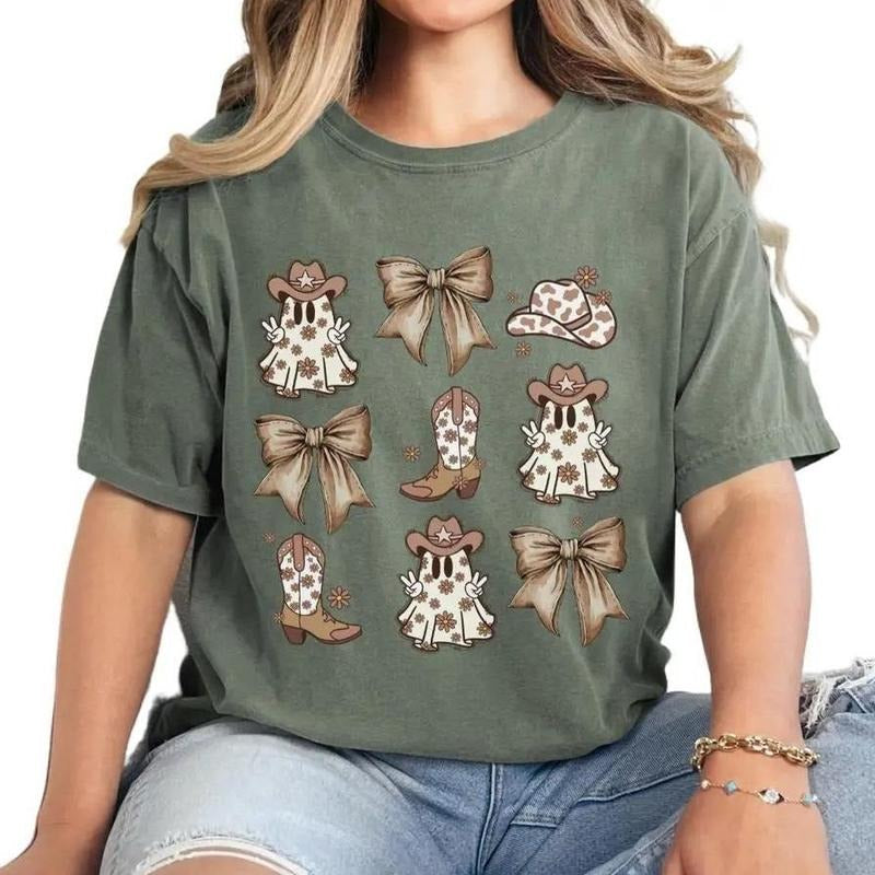 Coquette Western Ghosts Bows Western Halloween Fall Spooky Season Shirt Cowgirl Ghost Shirt T-Shirts