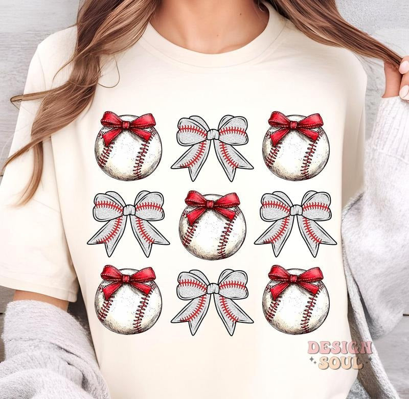 Coquette Baseball Game Day Baseball Bow Baseball Mama Shirt Checkered Baseball T-Shirts