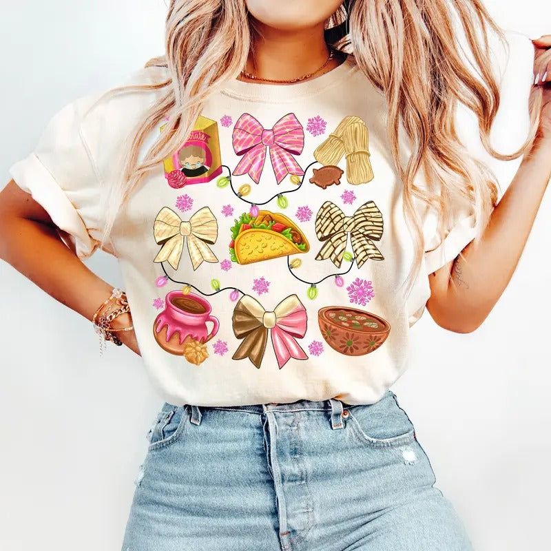 Coquette Bow Mexican Shirt Pantasmas Feliz Navidad Conchas Cotton Fabric Knit Top Womenswear Bottom T-Shirts