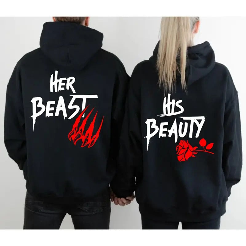 Couple Matching Her Beast His Beauty Rose Long Sleeve Winter Oversize Couples T-Shirts