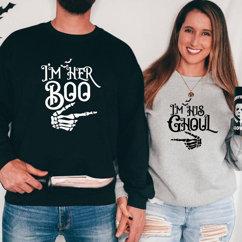 Couples Halloween I'M His Ghoul I'M Her Boo Matching Halloween Party Skeleton Hand Wife Husband Long Sleeve T-Shirts