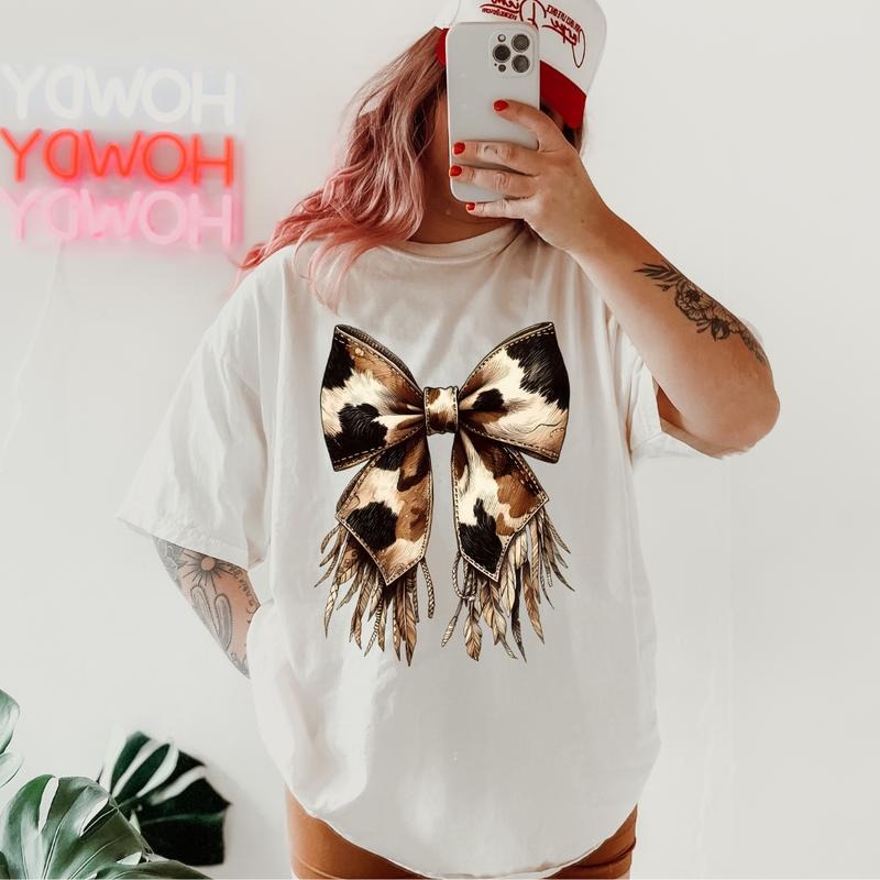 Cow Print Bow Shirt Western Bow~ Relaxed Fit Printed USA Womenswear Casual Comfort Cotton Top Athletic Boho Chic T-Shirts