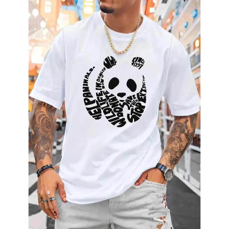 Creative Panda Outline Graph Letters Print Crew Neck Short Sleeve Summer Casual Comfy Top Daily Made USA T-Shirts