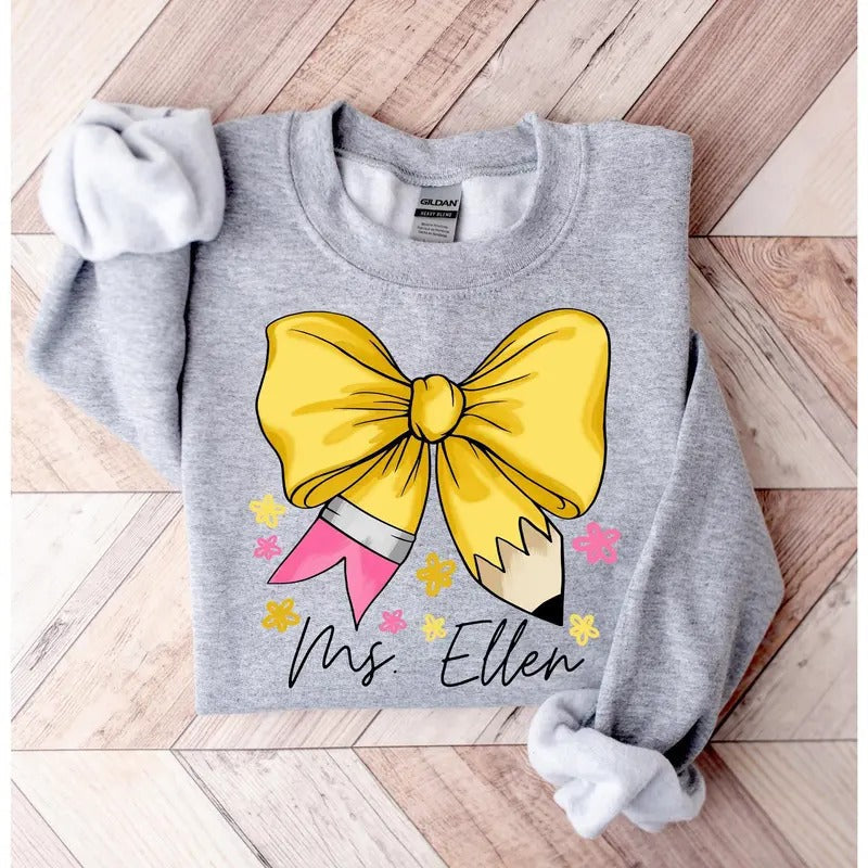 Custom Coquette Teacher Name Shirt Coquette Pencil Bow Shirt Back School Elementary Teacher Appreciation T-Shirts
