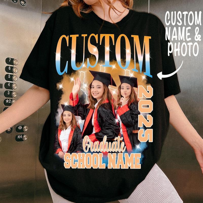 Custom Graduation Bootleg Shirt Class 2025 Shirt Personalized Face College Shirt Senior 2025 Graduate Family T-Shirts