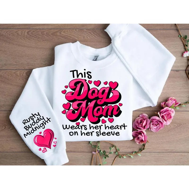 Custom Heart Her Sleeve Dog Valentine Dog Mom Shirt Vday Her Dog Lover Shirts T-Shirts