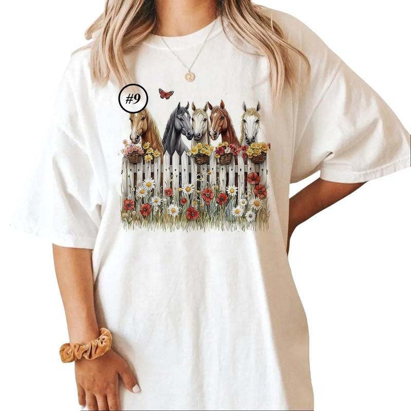Custom Horses Looking Over Fence All Watercolor Best Friends Farm Animals 1 Cotton Top T-Shirts