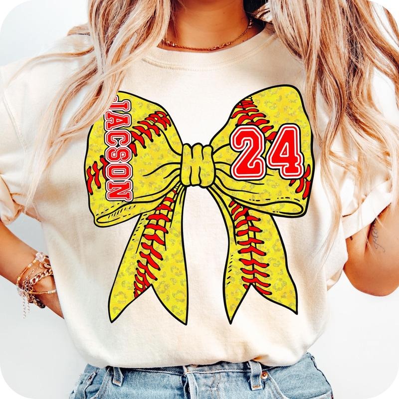 Custom Name Softball Coquette Bow Mama Softball Game Day Shirt Softball Mom Retro Sports Mom Softball Bow T-Shirts