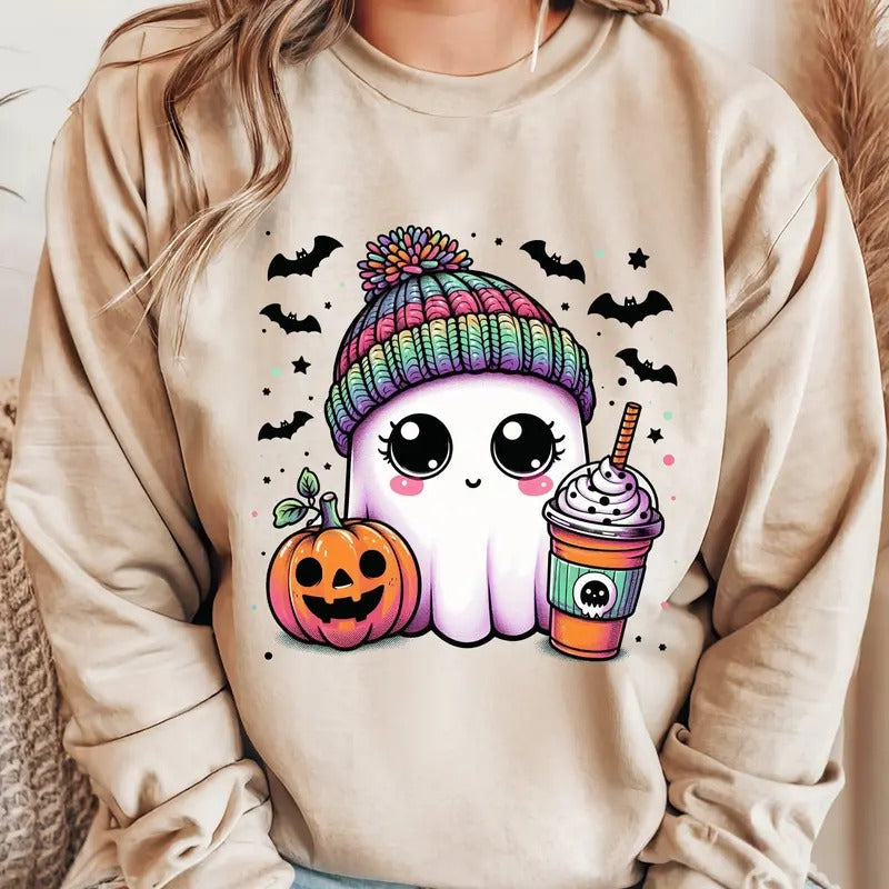 Cute Bougie Halloween Ghost Coffee. Casual Everyday Softstyle Halloween T-Shirts