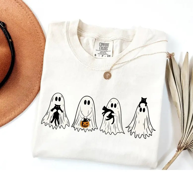 Cute Ghost Black Cats Halloween Comfort Colors Shirt Ghost Cat Halloween Shirt Spooky Season Cat Lover Top Traditional T-Shirts
