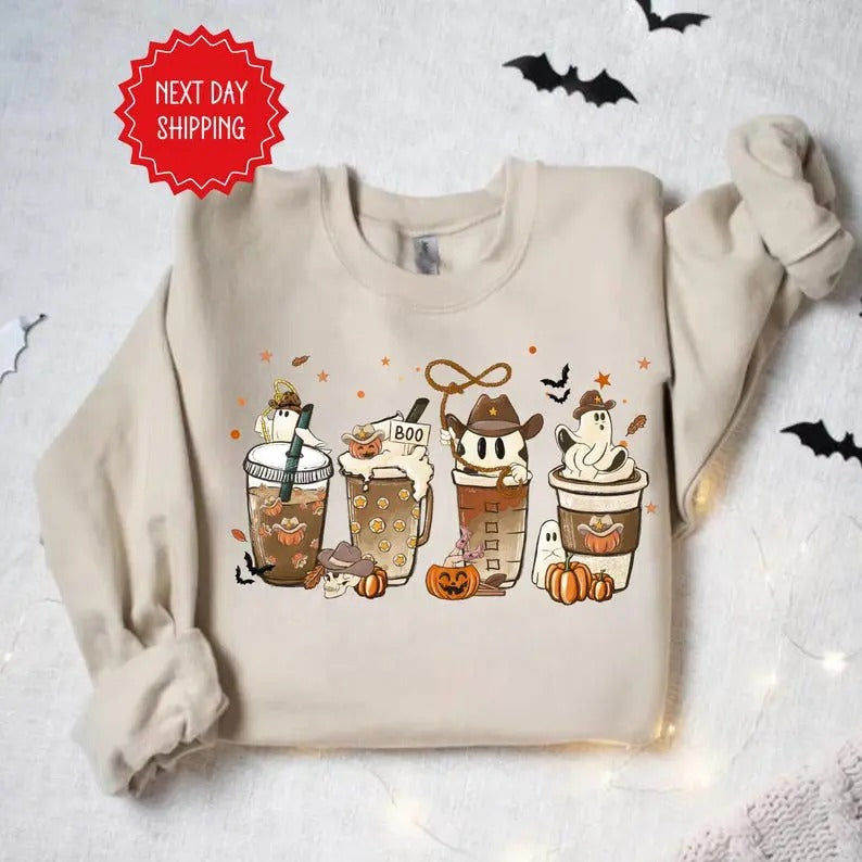 Cute Ghost Coffee Cups Halloween Western Coffee Shirt Fall Coffee Cup Ghost Halloween Fleece Knit T-Shirts