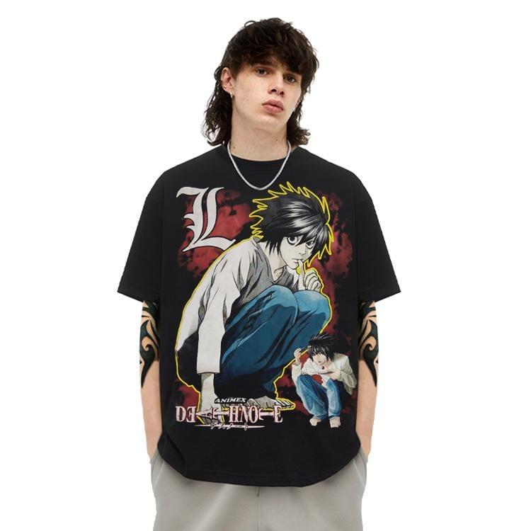 Death Note "L" Heavyweight Vintage 100% Cotton Anime Menswear Top Crew Necks Casual Streetwear Black Tropical T-Shirts