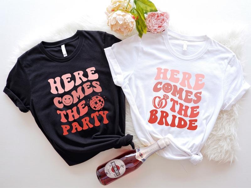 Disco Bachelorette Shirt Here Comes Bride Here Comes Party Matching Bridal Shower Bridesmaid Bride Be T-Shirts