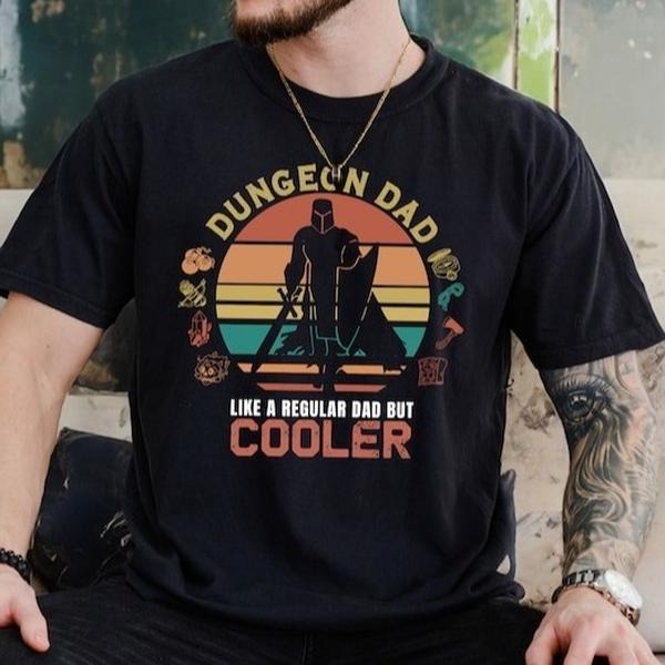 DnD Dungeon Dad Shirt Dungeon Dad Like Regular Dad But Cooler Shirt Fun TTRPG D&D Him Retro Sunset Color Variant Dungeons Dragons Him T-Shirts
