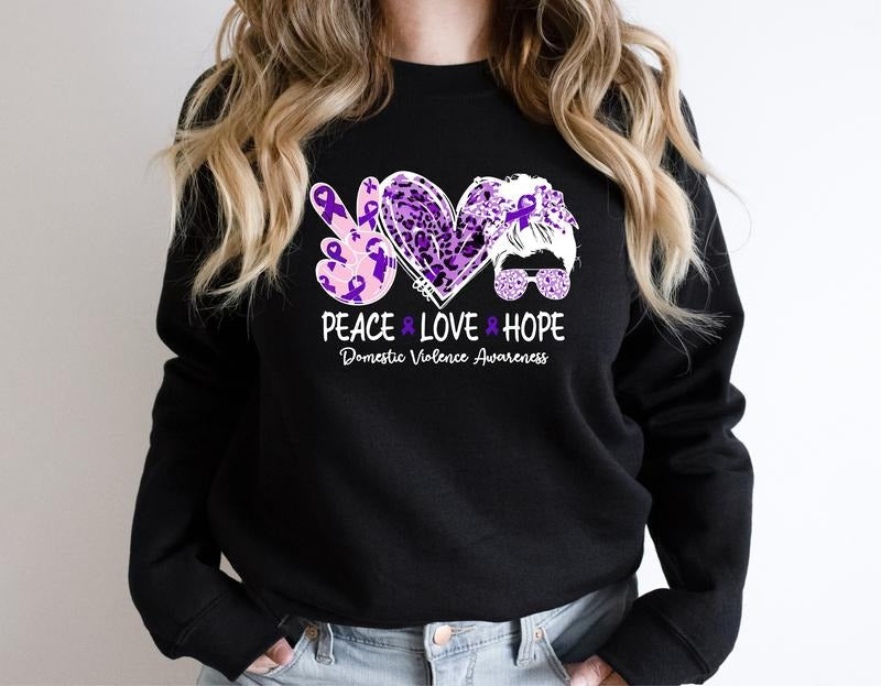Domestic Violence Peace Love Purple Ribbon Survivor Awareness Ribbon Family Violence Matching Support T-Shirts