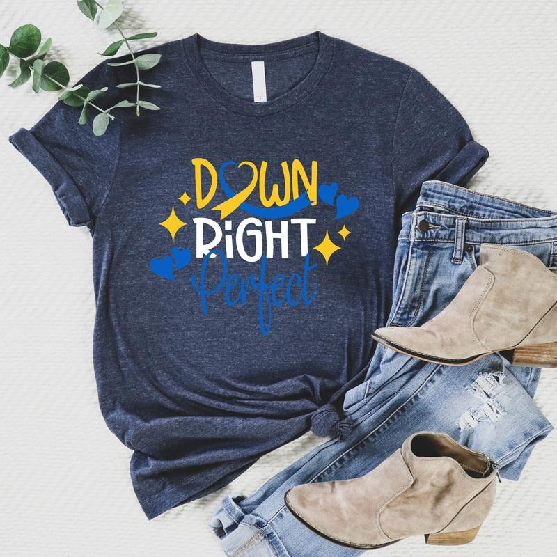 Down Right Perfect Shirt Down Syndrome Awareness Extra Chromosome Yellow Blue Ribbon Support Cute Down Trisomy T-Shirts