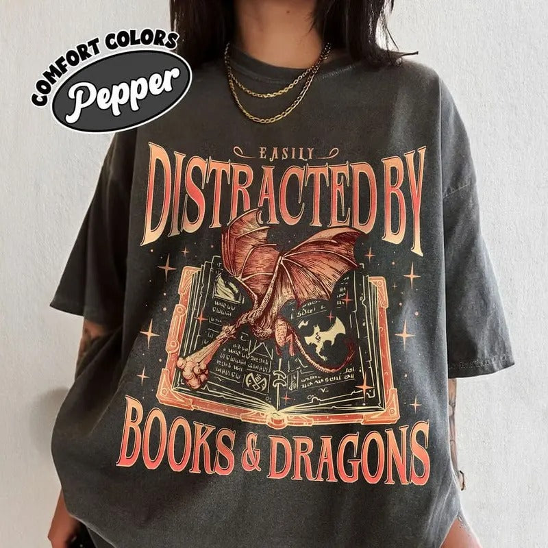 Dragon Book Shirt Bookworm Book Dragon Easily Distracted Dragons Books Shirts Dragon Rider Fan T-Shirts