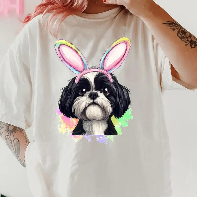 Easter Black White Shih Tzu Shirt ~ Relaxed Fit Printed USA Womenswear Casual Comfort Cotton T-Shirts