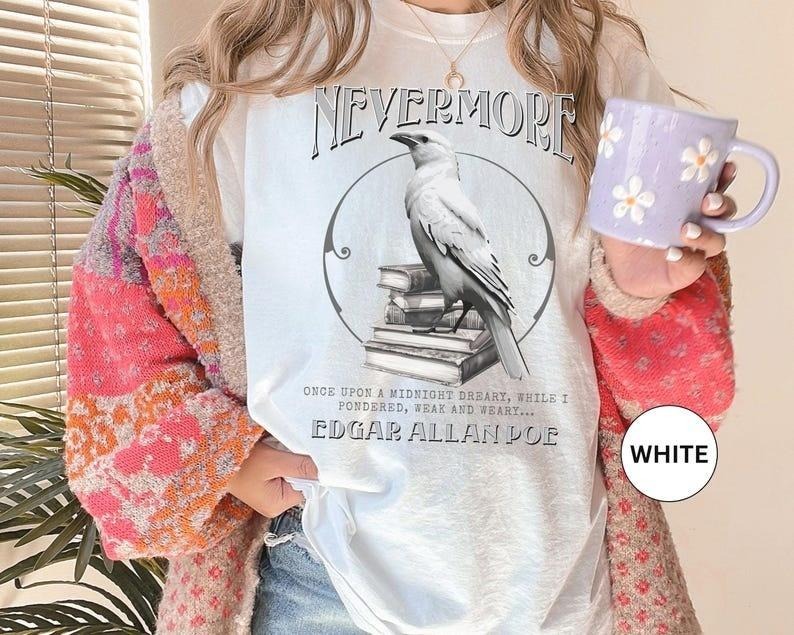 Edgar Allan Poe White Raven Nevermore Raven Shirt Dark Academia Gothic Poetry Lover Dark Romance Bookish Her T-Shirts