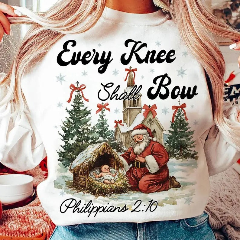 Every Knee Shall Bow Nativity Scene Santa Vintage T-Shirts