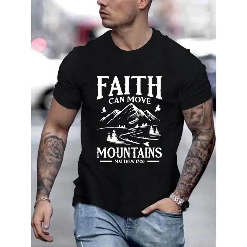 "FAITH Can Move Mountains" Cotton Short Sleeved Round Neck Black White Print Inspirational Religious Made USA T-Shirts