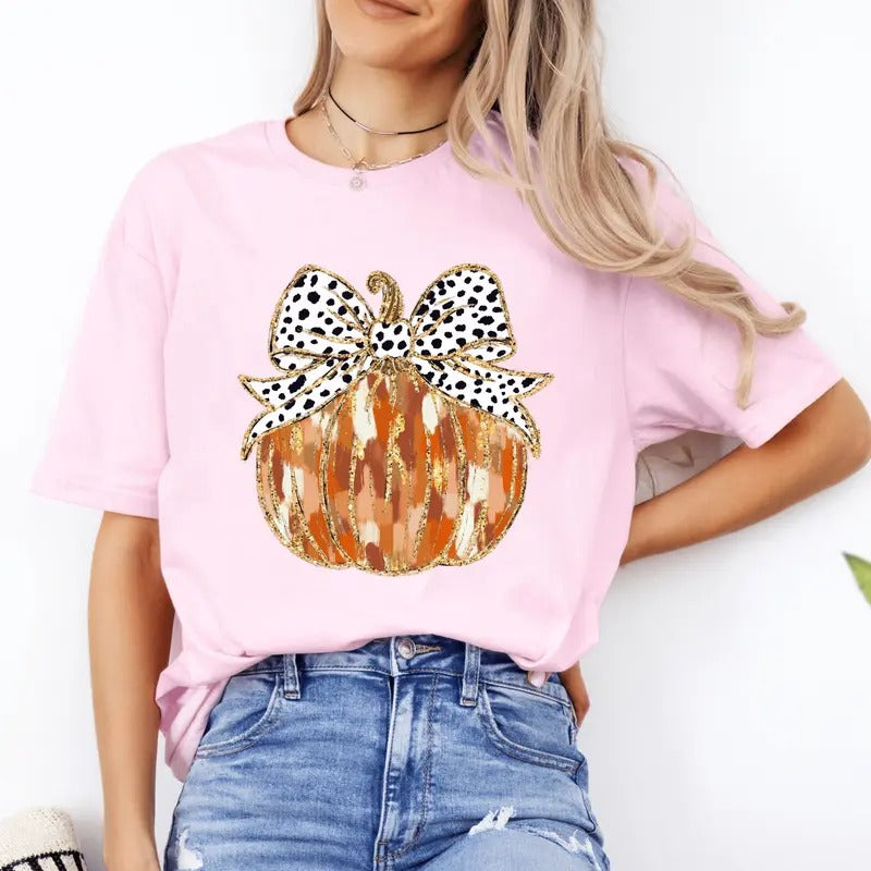 Fall Coquette Glitter Pumpkin Shirt. Casual Fall Softstyle . Cute T-Shirts