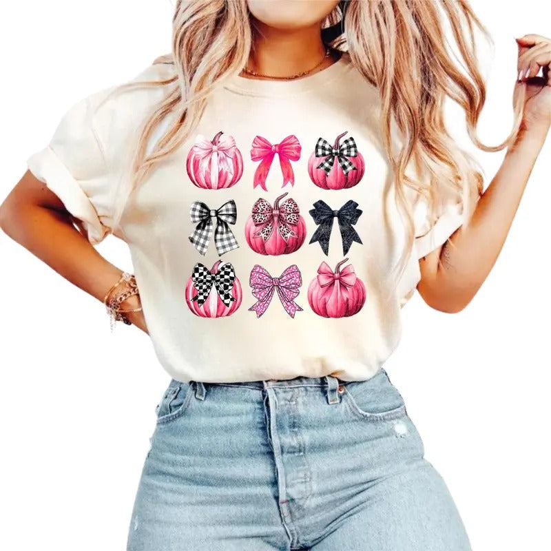 Farm Fresh Pumpkins Coquette Pumpkin Fall Pumpkin Checkered Fall Bow Leopard Pink Autumn Pumpkin Fall T-Shirts