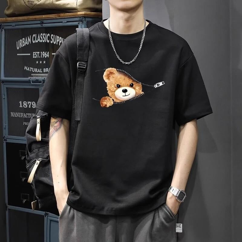 Zipper Bear Printed Short Sleeve 2025 Cool Casual Couple Round Neck Half Sleeve T-Shirts