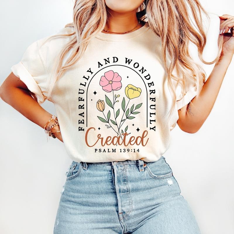 Fearfully Wonderfully Christian Floral Retro Christian Bible Verse Wildflower Jesus T-Shirts