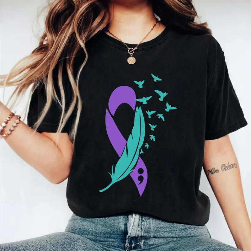 Feather Suicide Prevention Awareness Mental Health Shirt Teal Purple Ribbon Suicide Awareness Ribbon Semicolon Short Sleeve T-Shirts